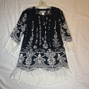 Serengeti Women's Tunic Top Black White Pullover Pintuck Blouse 3/4 Sleeves M